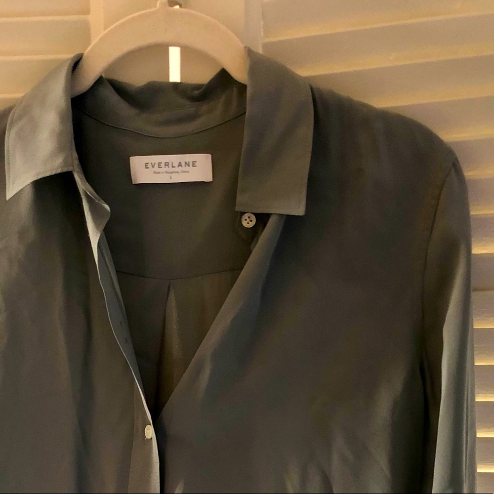 Sage colored silk Everlane button-up